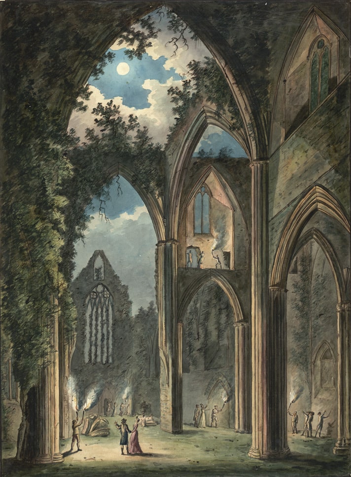 alt="painting of Tintern Abbey by Peter Van Lerberghe"