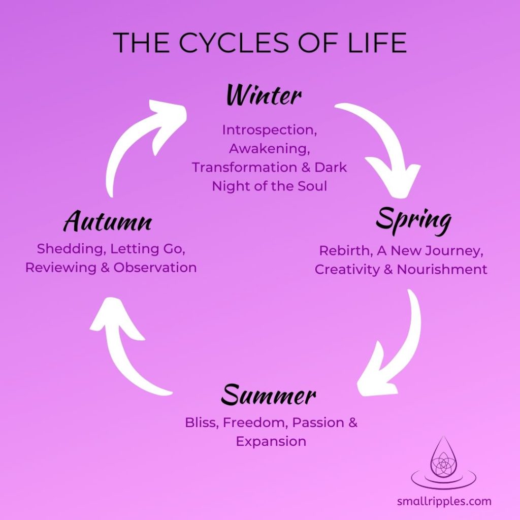 alt="The cycles and seasons of life: Winter: Introspection, awakening, transformation & dark night of the soul, Spring, rebirth a new journey, creativity and nourishment. Summer, Bliss, freedom and expansion. Autumn, shedding, letting go, reviewing and observation."