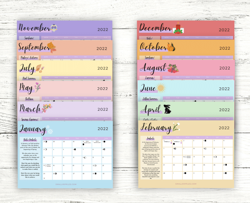 alt="wheel of the year printable colourful calendar"